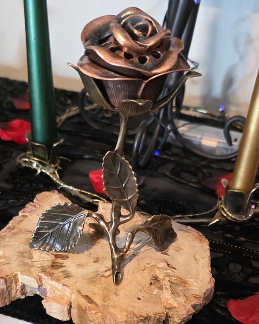 Whimsigoth Gothic Metal Rose Cone Incense Burner 6" - Vintage Copper & Bronze